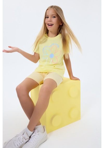 Rolypoly 3795 %100 Pamuk Kız Çocuk Kısa Kol Cepli Şort Pijama Takımı Açık Sarı