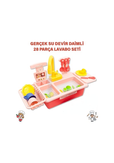 Oyuncak Gerçek Su Akan Mutfak Lavabo Seti 28 Parça Aksesuarlı Pilli Su Devir Daimli Mavi Pembe