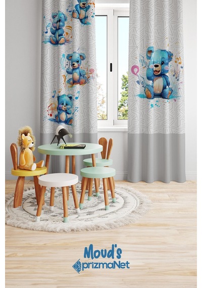 Mavi Ayıcık Desenli Baskılı Çocuk Ve Bebek Odası Fon Perdesi 2 Kanat - Prd-02 Çok Renkli