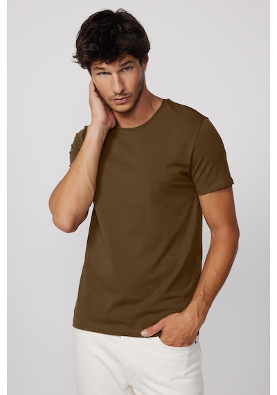 Tudors Erkek Slim Fit Dar Kesim Pamuklu Yumuşak Doku Likralı Esnek Kumaş Kahverengi Bisiklet Yaka Tişört-35592 Kahverengi
