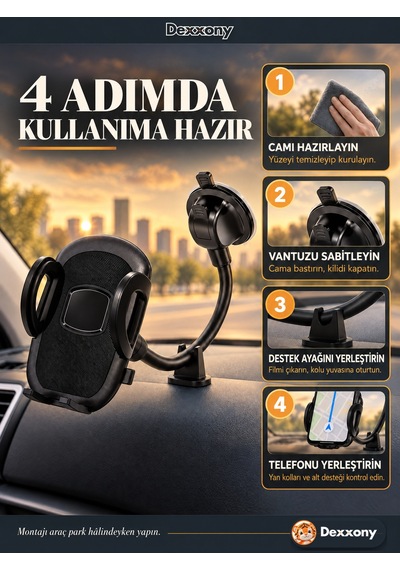 Dexxony A03 Araç İçi Telefon Tutucu Esnek Kollu Vantuzlu Destek Ayaklı Torpido Ve Cam 360 Derece