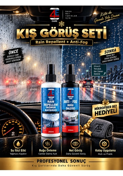 4e Care 2'li Kış Görüş Seti: Yağmur Kaydırıcı & Buğu Önleyici Sprey Net Görüş Paketi 250 Ml