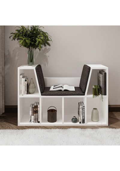 Livora Minderli Kitaplık - Oturma Alanlı 103 Cm Minimalist Tasarım Beyaz