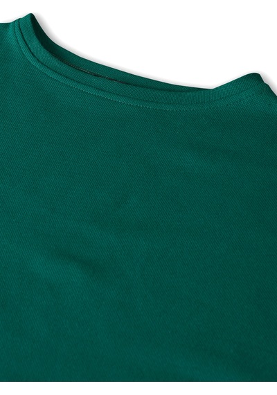Koyu Yeşil Bisiklet Yaka Rahat Kalıp Yarasa Kol Pike Kadın Crop T-shirt Koyu Yeşil