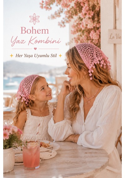 Anne Kız Kombin Bandana El Örgüsü Saç Bandı Bohem Stil Ayarlanabilir 2li Set Pembe321