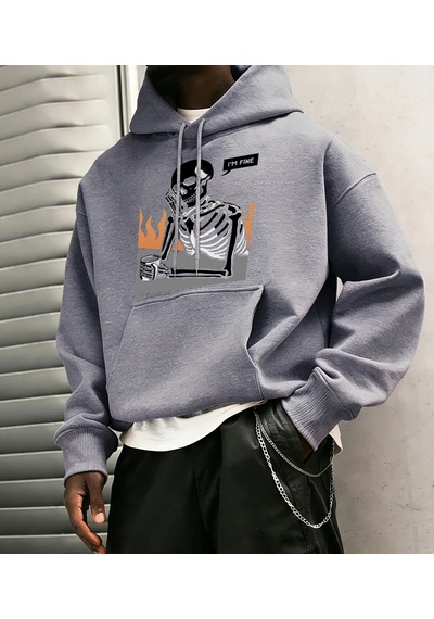 Startmore Tarzsokak I'm Fine İskelet Baskılı Erkek Basic Kapüşonlu Üstleri Hip Hop Bol Sweatshirtler Günlük Polar Gri