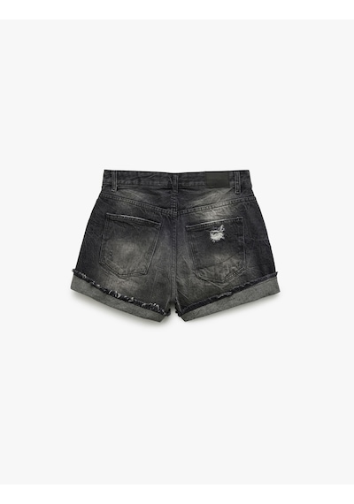 Koton Pamuklu Rahat Kalıp Katlı Paça Yırtık Denim Şort Siyah 5sal40012md Siyah