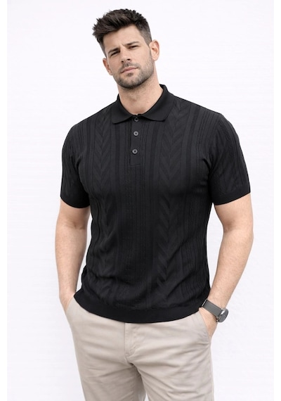 Barlashive Erkek Yazlık Triko Tişört Kısa Kol Polo Yaka Düğmeli T-shirt - Siyah Çok Renkli