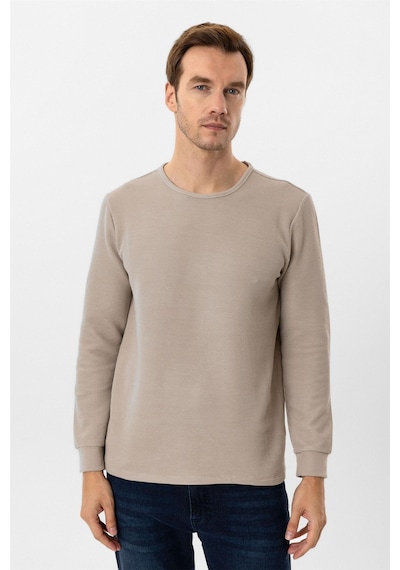 Süvari Bej Slim Fit Armürlü Bisiklet Yaka Triko Kazak Bej