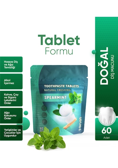 Tbrush Nane Aromalı Doğal Diş Macunu Tableti - 60tablet (10 Paket)