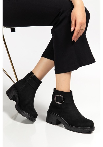 Kadın Topuklu Bot Siyah Süet Suni Deri Yan Tokalı Kalın Taban-4459 Siyah Süet
