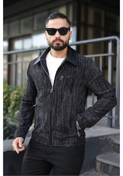 Vintage Kadife Deri Yaka Detaylı Ceket Siyah