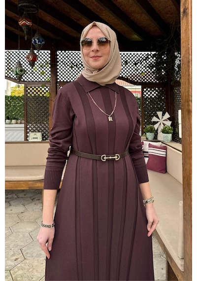 Rabia Şamlı Biricik Kemerli Triko Elbise Acı Kahve Normal