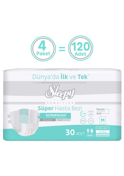 Sleepy Sensitive Antibakteriyel Süper Yetişkin Hasta Bezi Medium 30x4 120 Adet M
