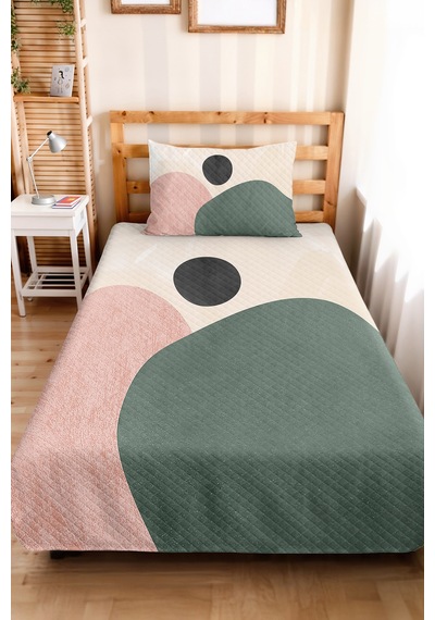 Geometrik Yeşil Genç Kız Odası Tek Kişilik Pike Takımı-pudra Antrasit 160x220cm Kapitone Yatak Örtü Kahverengi