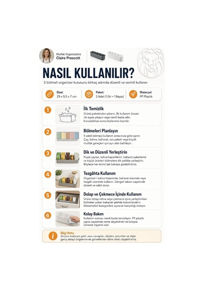 5 Bölmeli Mutfak Organizer Kutusu Gri Beyaz 2li Set Tezgah Üstü Baharatlık Poşet Çay Kahve Kapsülü Düzenleyici Diğer