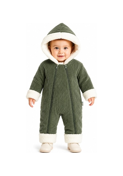 Tatlı Unisex Bebek Fitilli Kadife Kozmonot Tulum Peluş Kürklü Kapüşonlu Çift Fermuarlı Kışlık Bebek Tulumu Haki