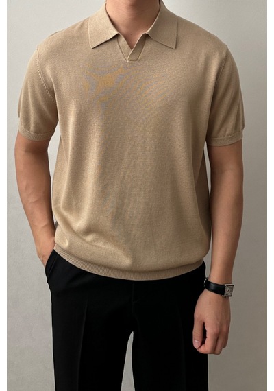 Cool Tarz Erkek Camel Patlı Kısa Kollu Polo Yaka Triko T-shirt Camel Camel