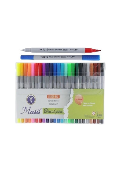 Fineliner Kalem Çift Yönlü 24 Renk 1 Paket Fırça Uç ve Fineliner Brushpen 24'Lü Keçe Uçlu Kalem Kalın İnce Keçeli Kalem