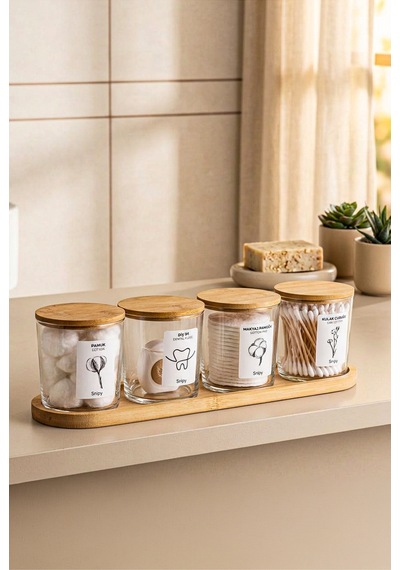 Bamio - Bambu Standlı Bambu Kapaklı Etiketli Banyo Düzenleyici Cam Banyo Seti Banyo Organizeri Açık Ahşap