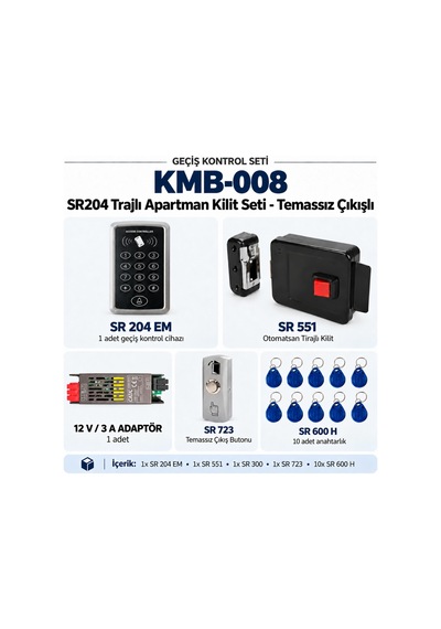 Sr-204 Em Kartlı Şifreli Apartman Geçiş Kontrol Tam Seti Sr-551 Trajlı Kilit + Sr-723 Temassız Buton + 10 Rfıd Anahtarlık - Set