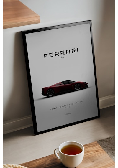 Ferrari F80 Siyah Ahşap Çerçeveli Poster, Dekoratif Araba Duvar Tablosu
