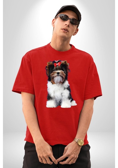Biewer Yorshire Terrier Pamuklu Bisiklet Yaka Unisex Oversize Boyfriend Dijital Baskılı Kırmızı T-shirt Kırmızı Biewer Yorshire Terrier Pamuklu Bisiklet Yaka Unisex Oversize Boyfriend Dijital Baskılı Kırmızı T-shirt Kırmızı