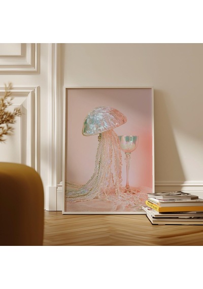 Işıltılı Denizanası Duvar Sanatı İnci Dokunaçları Posteri Pastel Pembe Dekor Okyanus Fantazisi Sanat Eseri Sürreal Estetik
