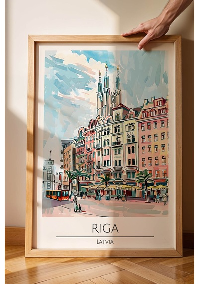 Letonya Riga Temalı Çerçeveli Tablo Travel Serisi Modern İllüstrasyon Şehir Duvar Dekoru Kayın