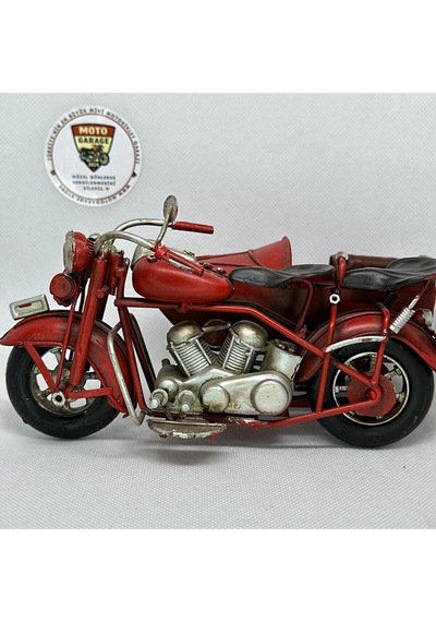 El Yapımı Dekoratif Yan Sepetli Kırmızı Motosiklet Model Metal Biblo & Vintage Maket 18 Cm