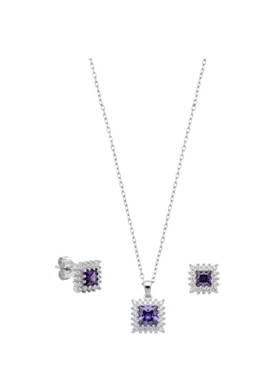 Oya Silver Kare Işıltılı Ametist Tek Taşlı Gümüş Set Takım Oysy261