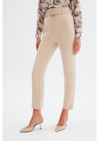 Sateen Yüksek Bel Kemerli Pantolon - Bej