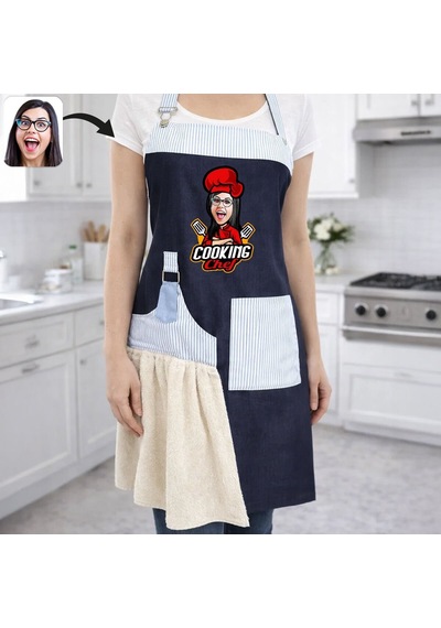 Bk Gift Kişiye Özel Karikatürlü Pamuk Denim Havlu Detaylı Mutfak Önlüğü -2, Aşçı Ve Şef Önlüğü, Anneye  Kobitmeyencom36568 Bk Gift Renkli