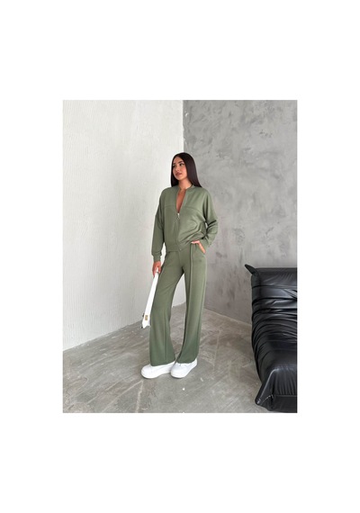 Gugus Kadın Fermuarlı Kolej Yaka Aysho Model Bol Paça Wide Leg Eşofman Takımı Haki