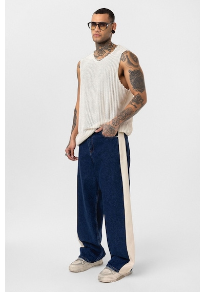Vamos Yan Şeritli Baggy Fit Jean Mavi