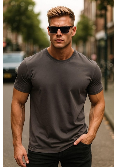 Rich Erkek %100 Pamuk Oversize Tişört Basic Bisiklet Yaka Kısa Kollu T-shirt Gri