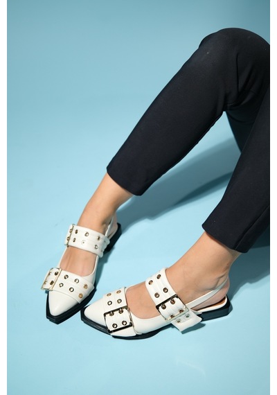 Luvishoes Paloma Ekru Cilt Tokalı Kadın Sandalet Ekru