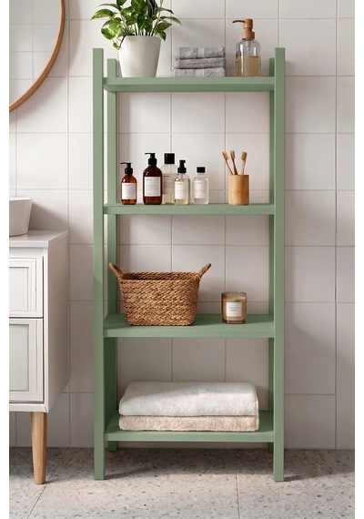 Robin Home Banyo Rafı Düzenleyici Banyo Dolabı 4 Raf Ahşap İskelet 102cm Ihlamur Yeşili Yeşil