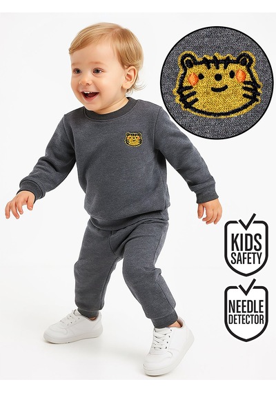 Denokids Kedi Erkek Bebek Koyu Gri Eşofman Takım