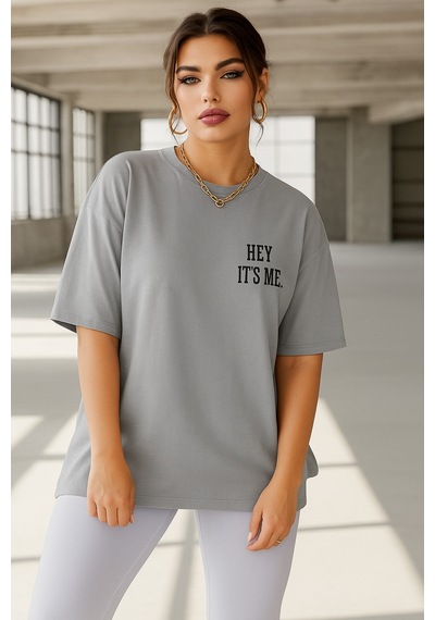 Hey It's Me Baskılı Oversize T-shirt Gri2