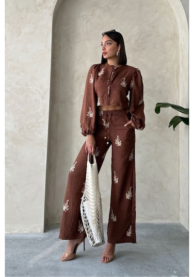 Verymoda Nakış Detaylı Keten Pantolon F1712 Kahve