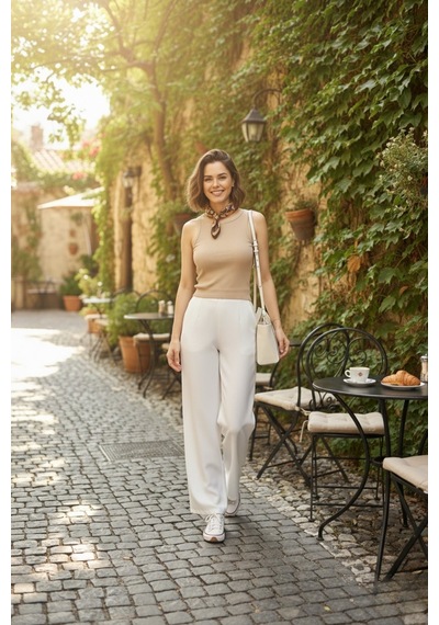 Kadın Bej Geniş Askılı Crop Bluz