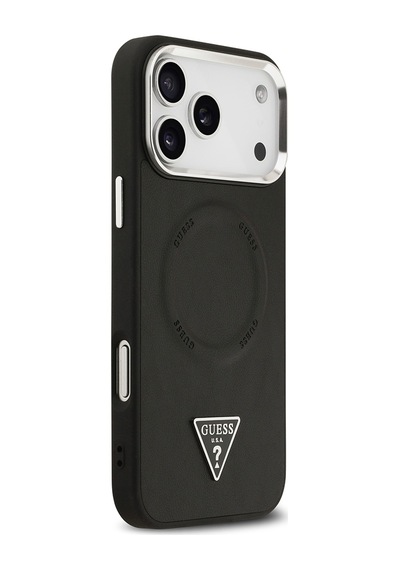 Apple Uyumlu iPhone 17 Pro Kılıf Guess Lisanslı M-safeli Pu Deri Metal Kamera Çerçeveli Üçgen Logolu Siyah Siyah