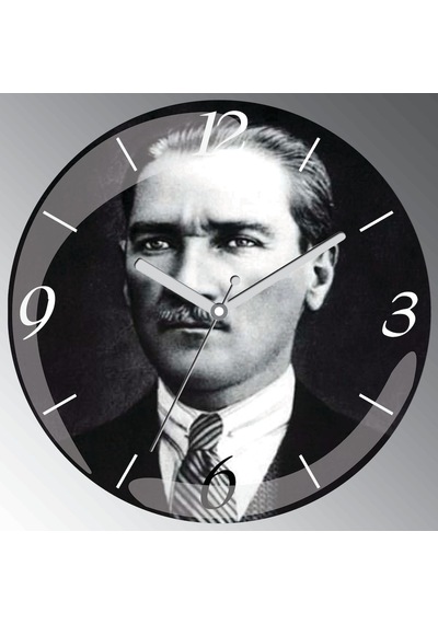 Atatürk Portre Baskılı Bombeli Cam Sessiz Duvar Saati Beyaz - Siyah
