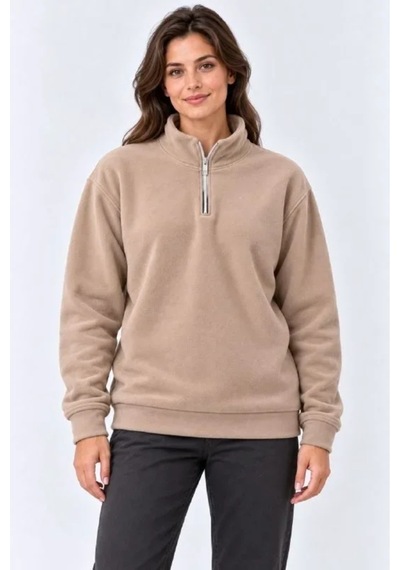 Butik İstanbul Polar Dik Yaka Yarım Fermuarlı Uzun Kollu Regular Fit Kışlık Sweatshirt - Bej
