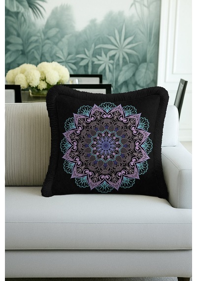 Mandala Motifli Saçaklı Yastık Kılıfı - Bohem Siyah Mor Püsküllü Kırlent Kılıfı Orman Koyu Kahve
