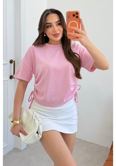Noa&noa Kadın Yan Büzgü Detaylı Oversize Tişört Bağcıklı Modern Basic Pembe