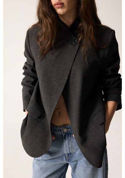 Defacto Ekose Desenli Asimetrik Hakim Yaka Blazer Ceket I2913ax26aubn601 Kahve-bn601