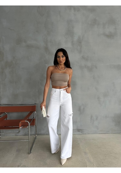 Zeo Basic Beyaz Baggy Pantolon Denim Kumaş Yanlardan Lazerli Beyaz