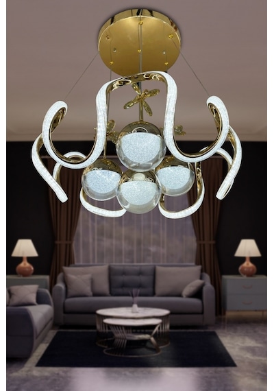 Arya Fanus 4 Toplu Simli Slikonlu Yüksek Işık Modern Salon Led Avizesi - Kumandasız / Gold Gold